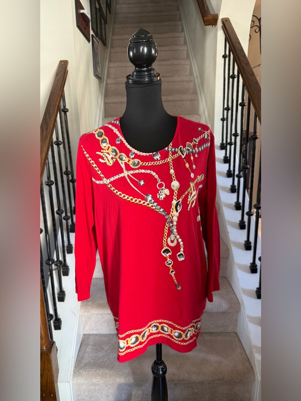 Alfred Dunner Red Top with Gold Chain & Jewel Motif